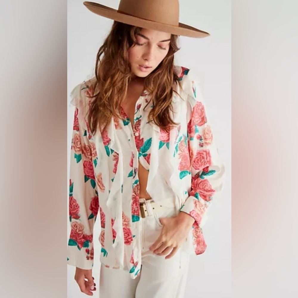 NWOT Free People Floral Ruffled Blouse Charlotte Ivory Pink